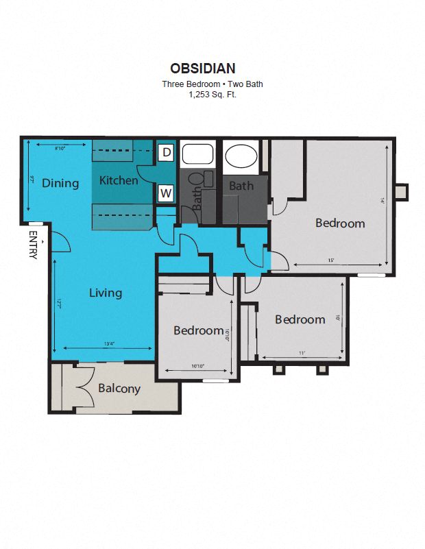 Floor plan for 3 beds, 2 baths, 1253 sqft
